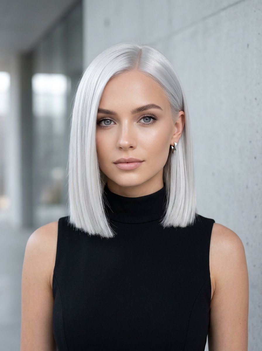 Close-up portrait of a woman with straight silver hair and a black high-neck top against a grey wall.