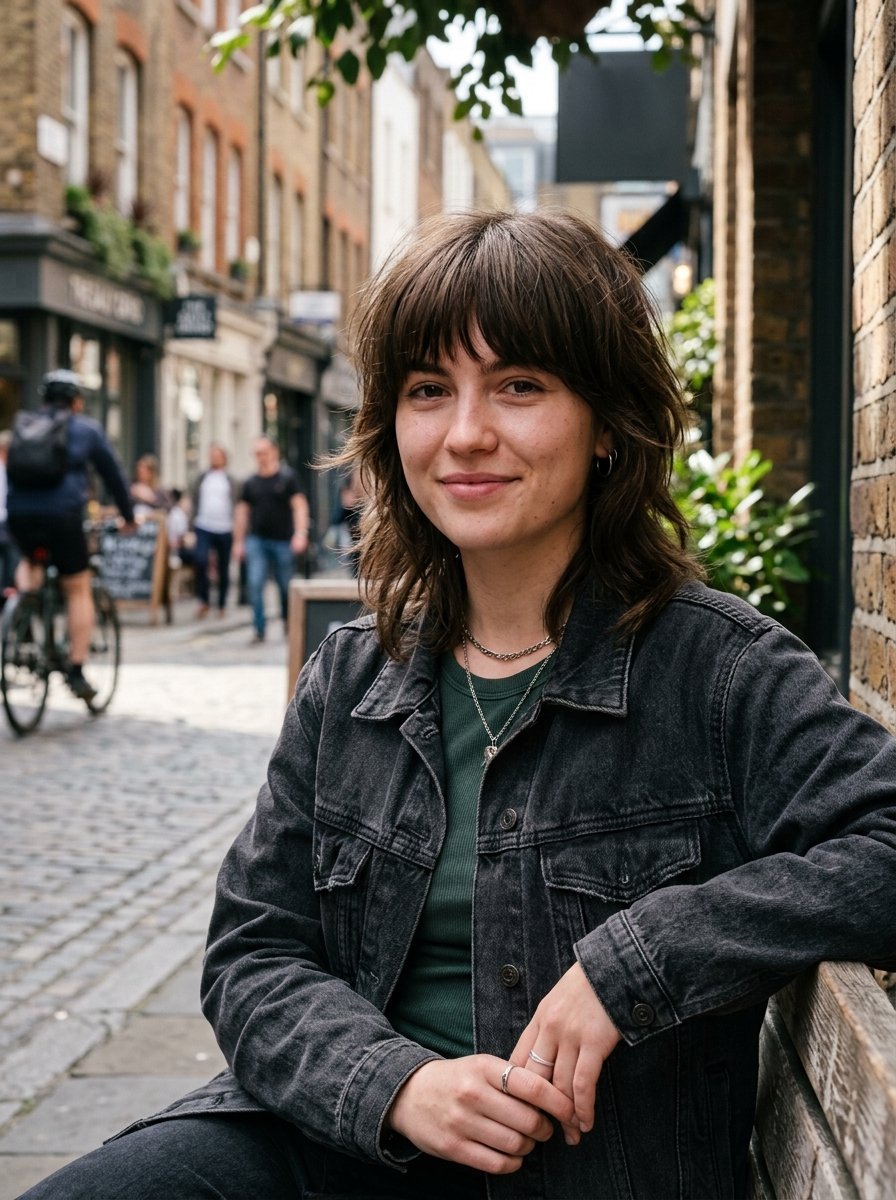 Portrait of a young person with textured brown hair and a denim jacket sitting on a wooden bench on a cobblestone street.