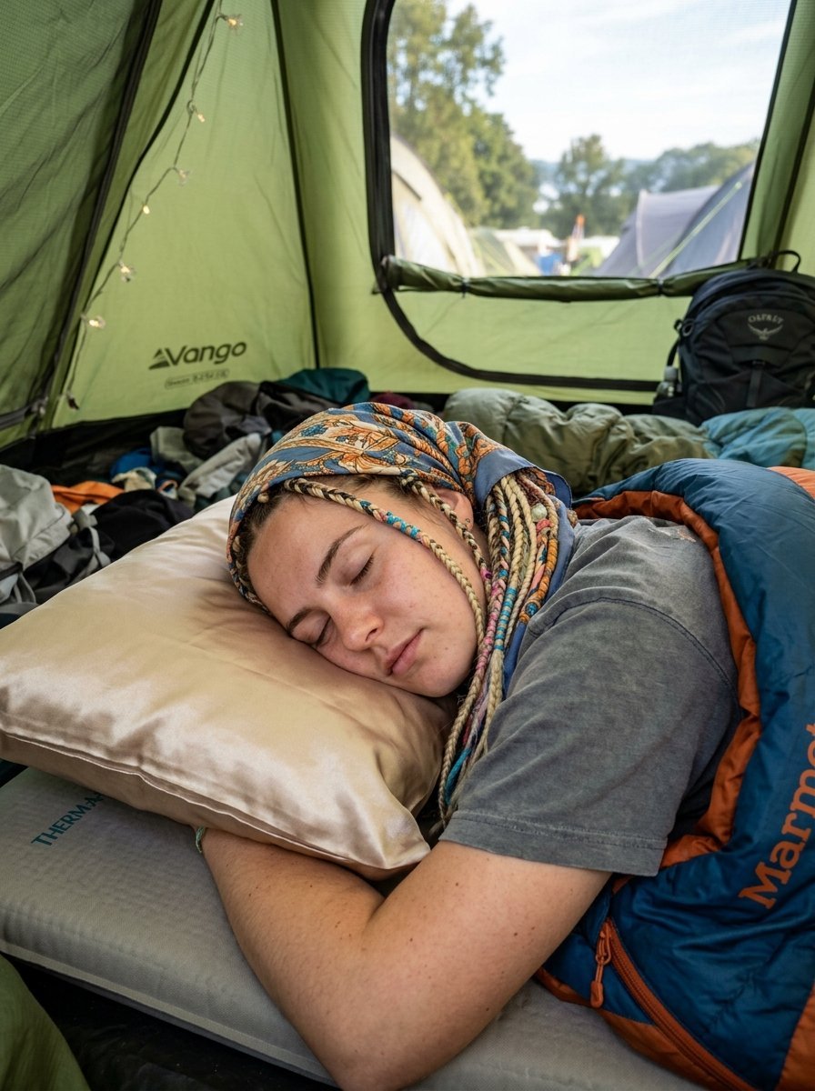 Young woman with colorful hair braids sleeping on a beige pillow inside a camping tent with gear visible.