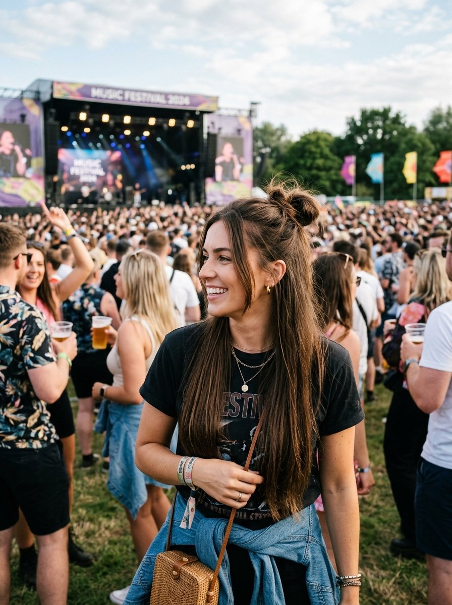 Young woman with half-up bun and denim shirt tied around her waist smiling in a crowded outdoor concert field.