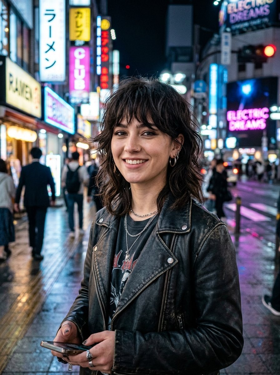 A smiling young woman with a shag haircut holding a smartphone on a busy street in Tokyo at night.