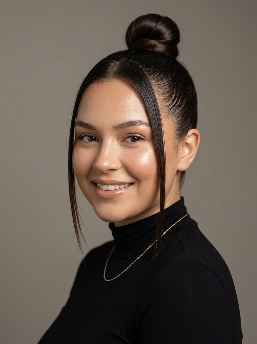 Close up headshot of a smiling woman with dark hair styled in a bun wearing a black turtleneck and gold necklace.