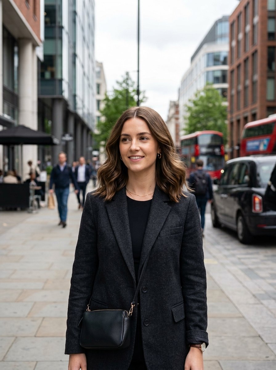 A brunette woman wearing a dark wool jacket and crossbody bag standing on a busy London sidewalk.