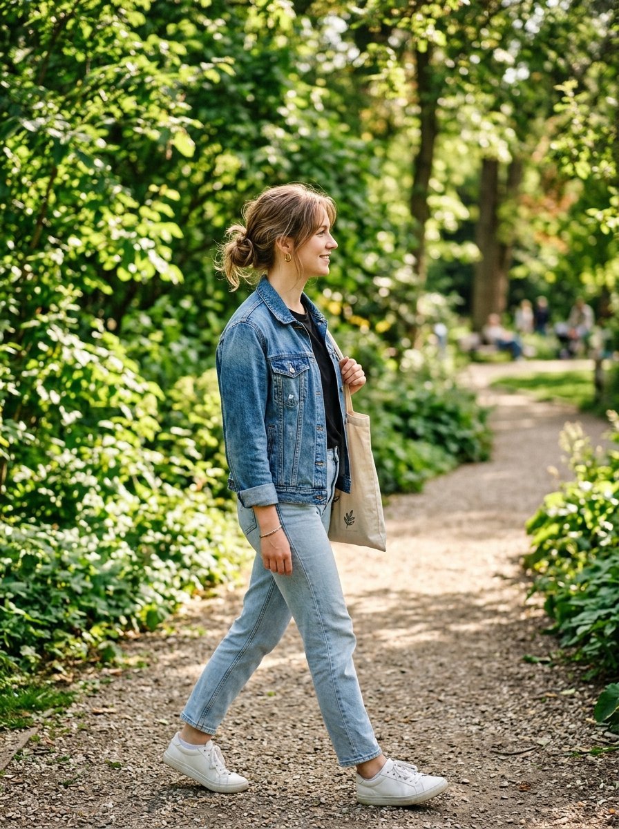 Young woman with a messy bun wearing blue jeans and a denim jacket carrying a tote bag while walking down a park path.