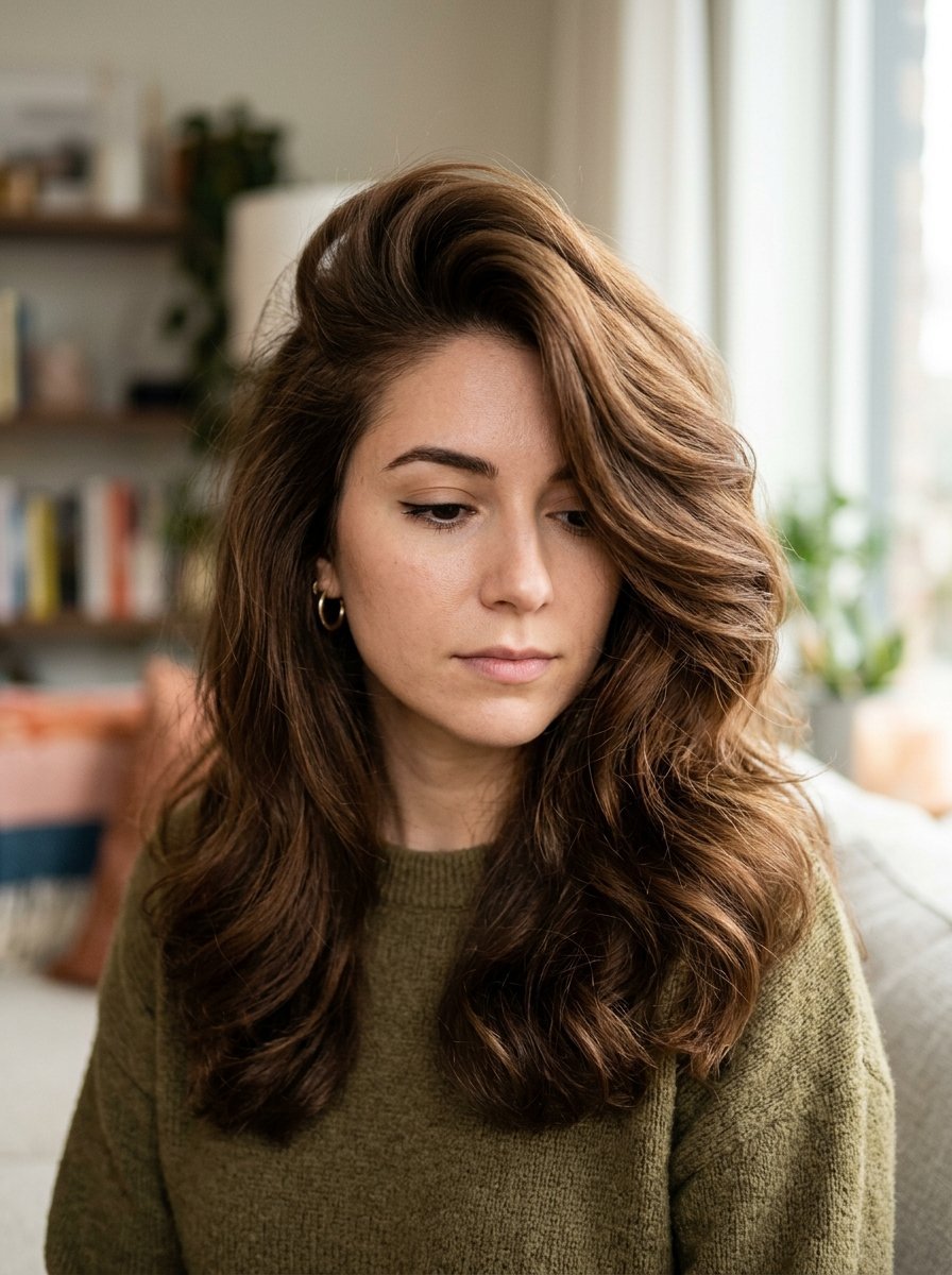 Close-up of a woman with long, voluminous wavy brown hair looking down, wearing a soft green knit sweater.