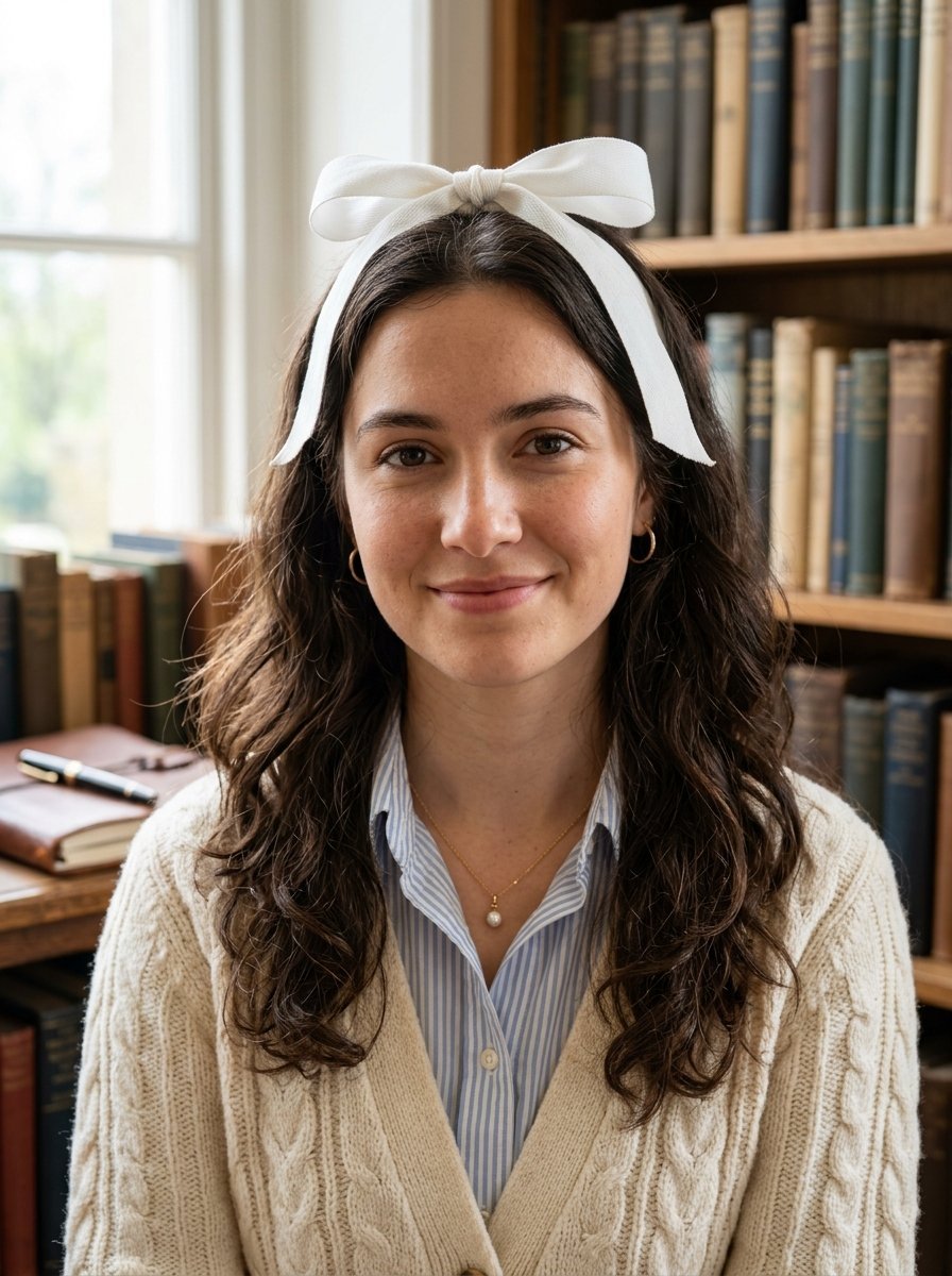 Portrait of a woman wearing a white bow headband, cable knit cardigan, and blue striped shirt in a library setting.