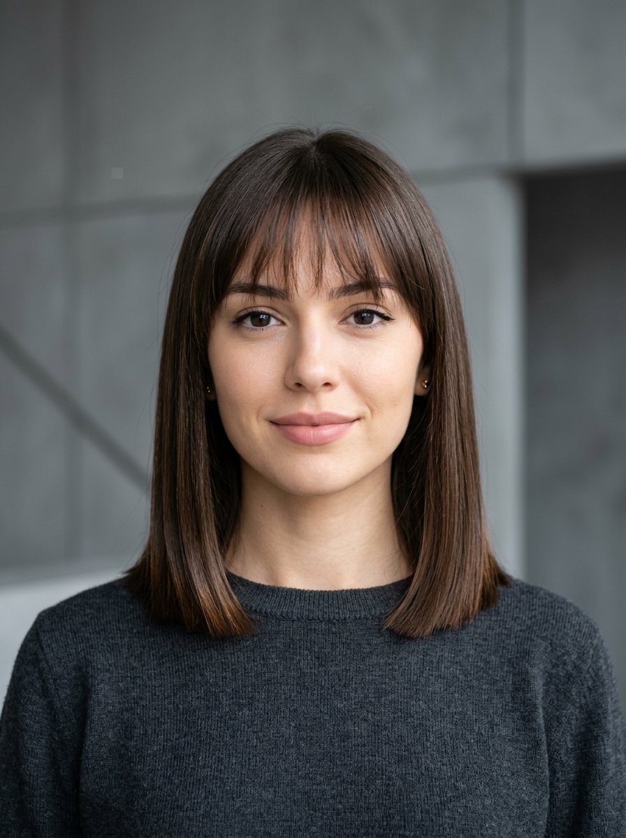 Close-up headshot of a woman with shoulder-length brown hair and bangs against a neutral concrete background.