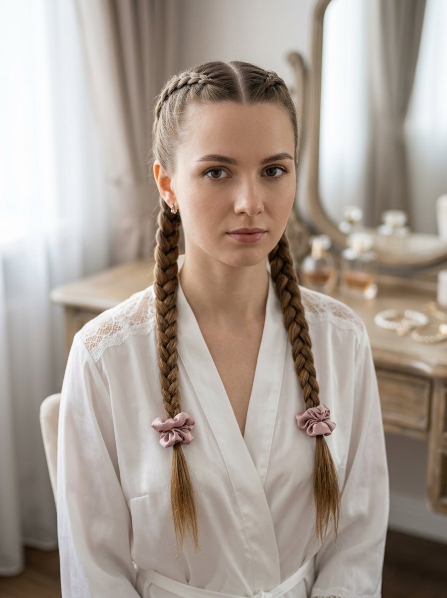 Portrait of a girl with French braided pigtails secured by dusty pink silk scrunchies.