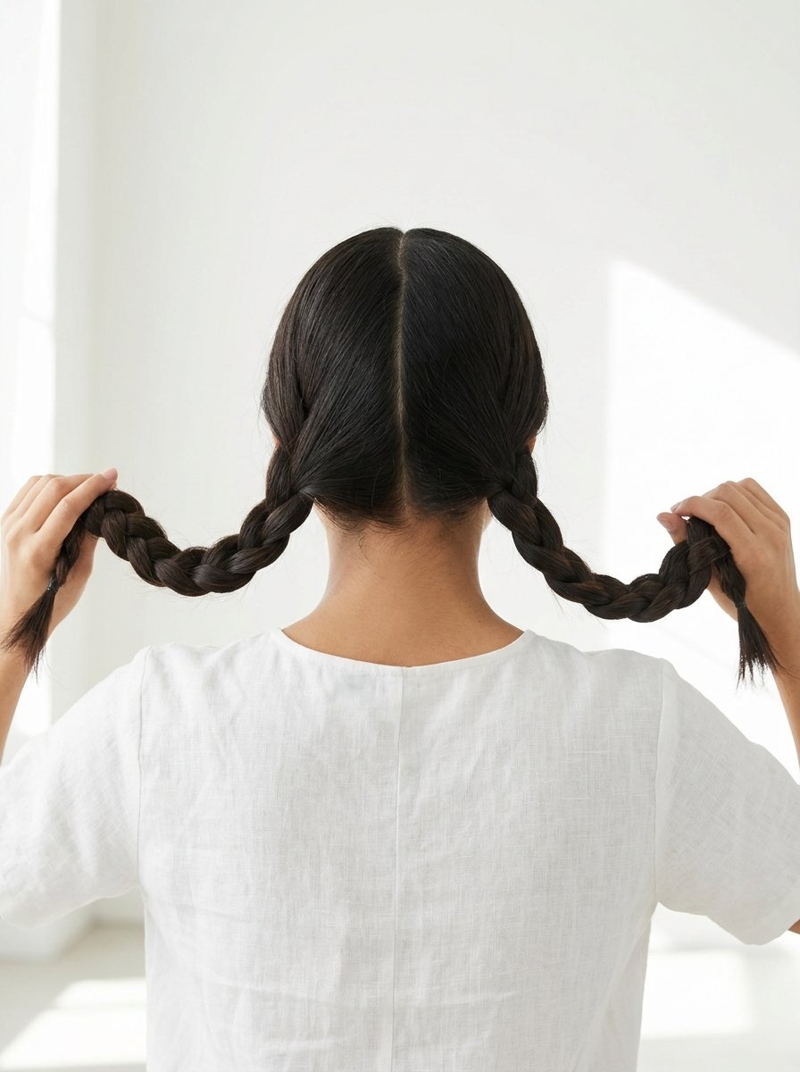 Close up view of the back of a person with long black hair styled into two pigtail braids against a white background.