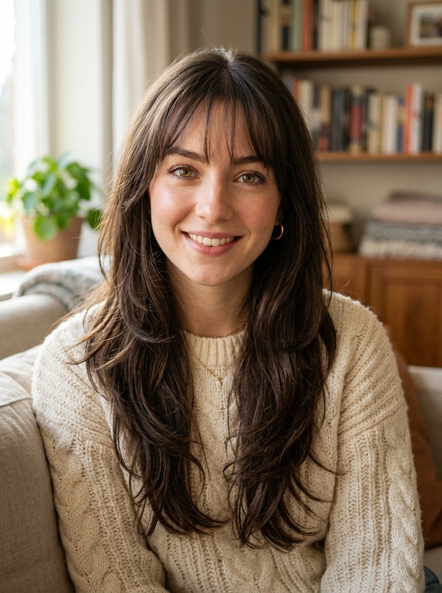 Portrait of a friendly woman in a cable knit sweater sitting in a cozy room with bookshelves.