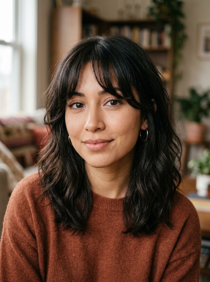 Portrait of a woman wearing a rust colored sweater in a cozy living room