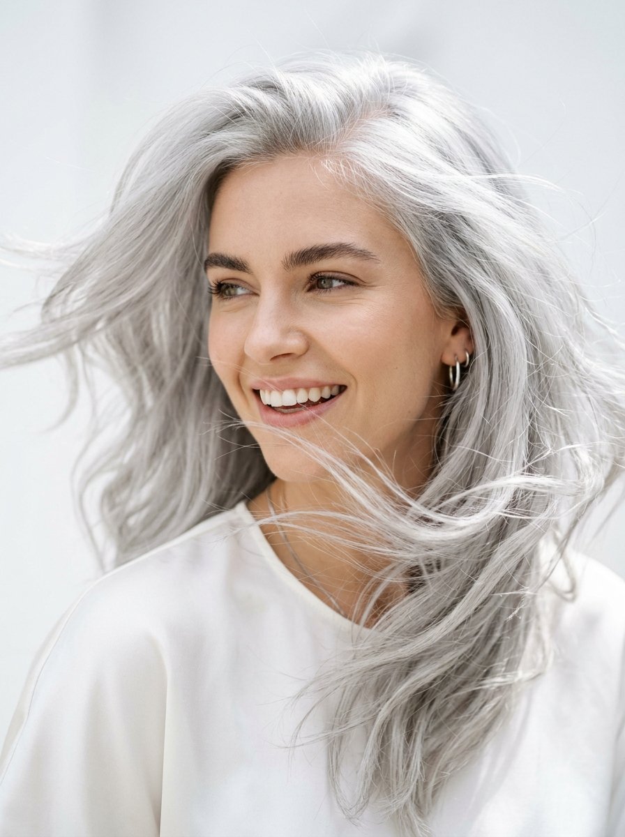 Close-up portrait of a smiling woman featuring windswept platinum grey hair against a white background.