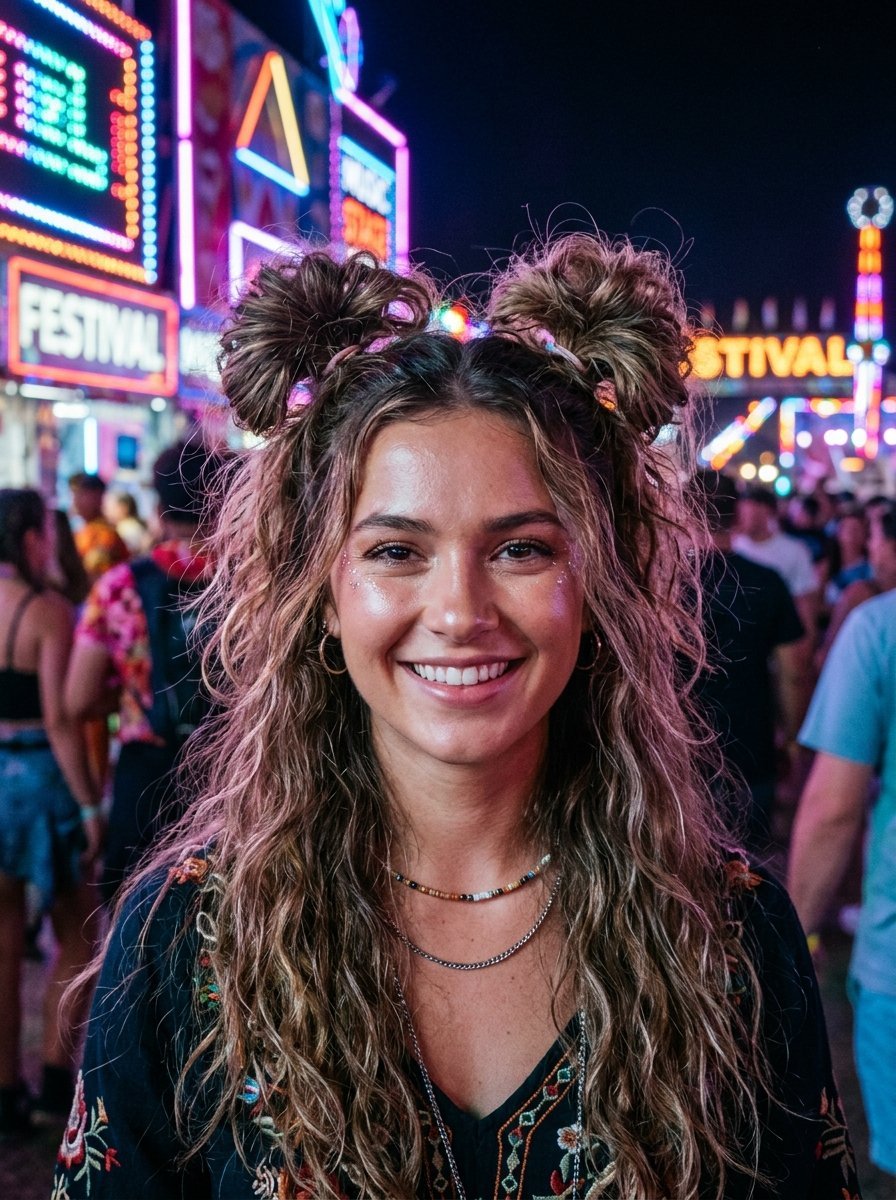 Close-up portrait of a girl with space buns and glittery makeup at a brightly lit music festival.