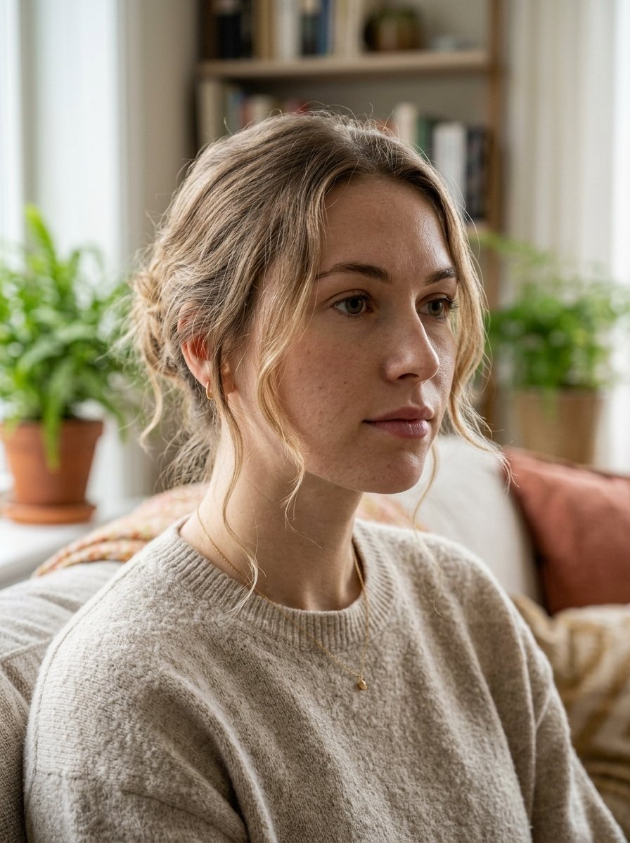 Portrait of a blonde woman wearing a beige sweater with her hair styled in a loose updo.