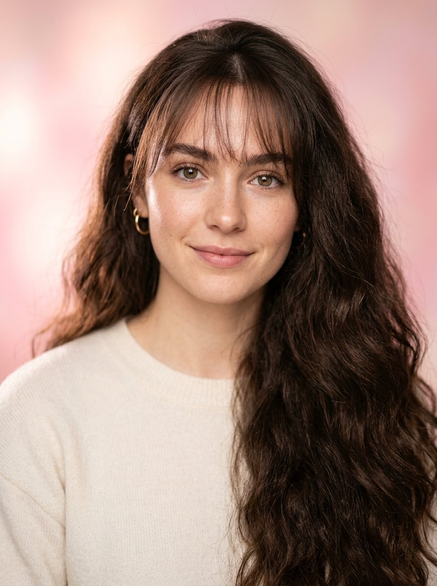 Portrait of a brunette woman wearing a white sweater against a soft pink backdrop.