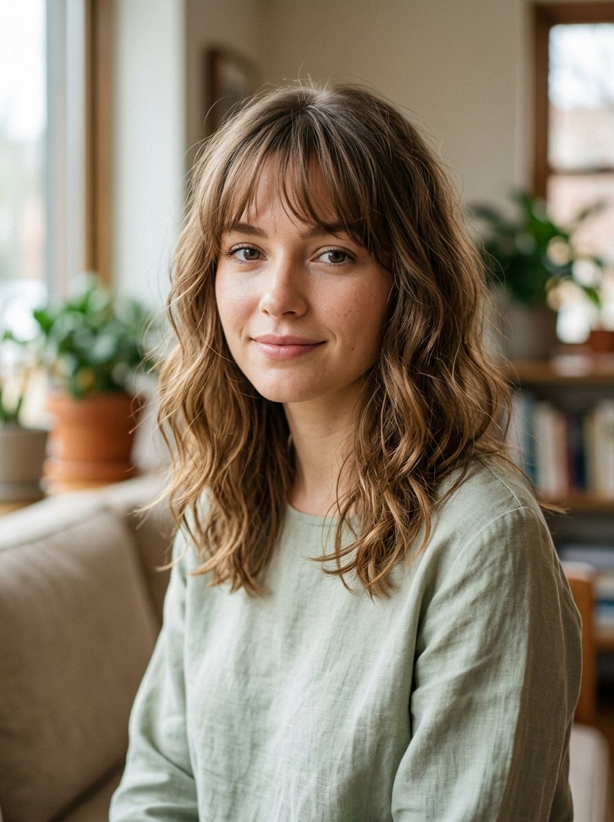 Portrait of a woman wearing a light green linen shirt sitting indoors near natural window light.