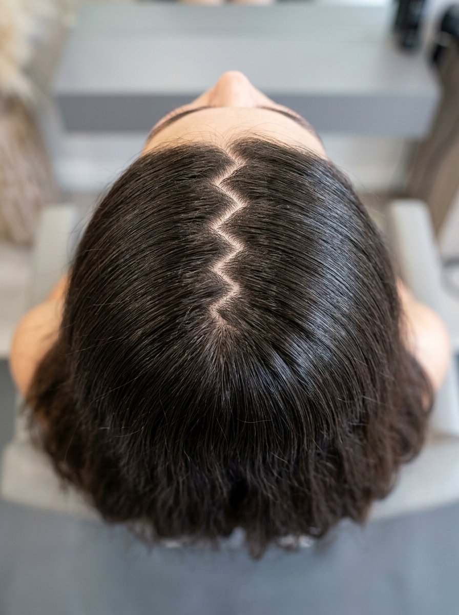 Top down view of a woman with dark brown hair styled with a distinct zigzag center parting.