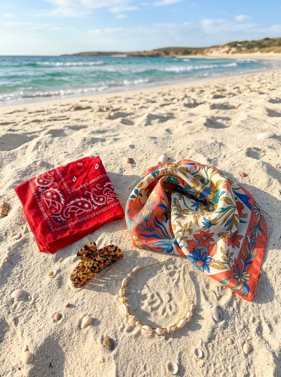 Folded red paisley bandana, floral patterned neckerchief, tortoise hair clip, and seashell headband sitting on white sand.