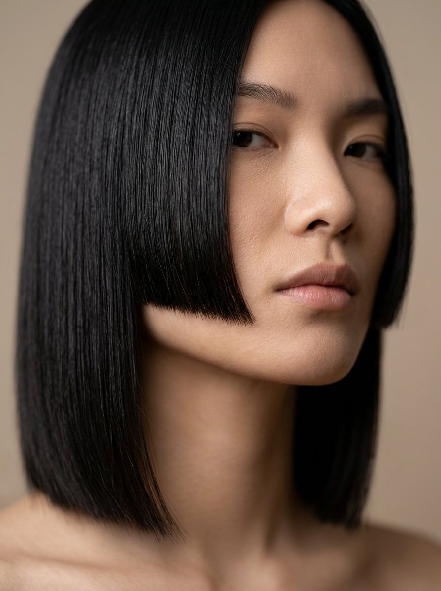 Portrait of an Asian woman with sleek, dark, chin-length hair featuring a precise blunt cut against a beige background.
