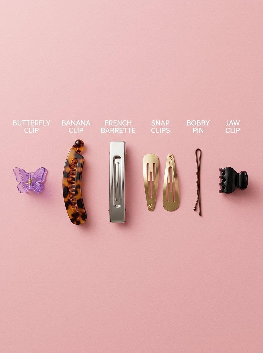 Top view of six different hair clips and pins arranged in a row against a solid light pink backdrop.