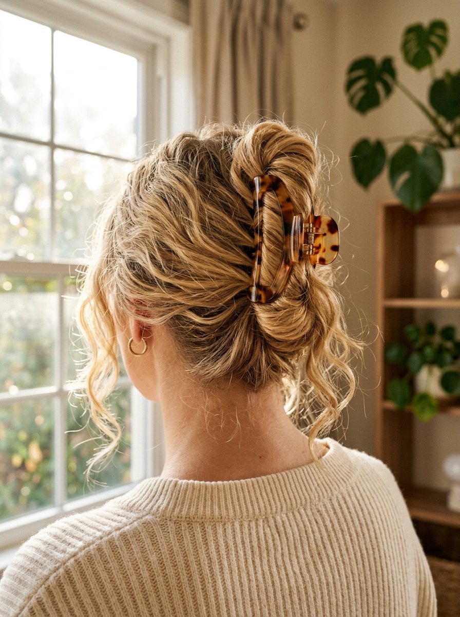 Back view of a woman with wavy blonde hair styled in a bun using a patterned brown claw clip by a window.