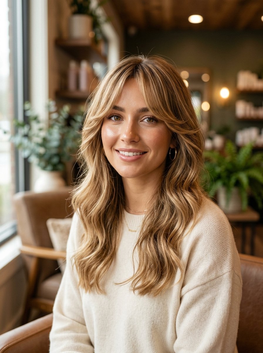 Close up portrait of a woman with long wavy blonde hair and curtain bangs wearing a cozy white sweater.