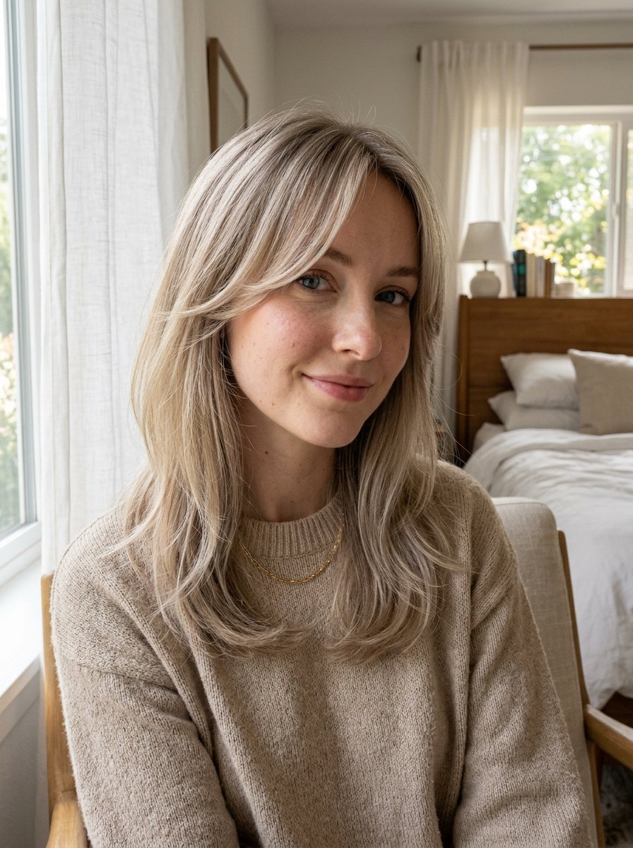 Portrait of a blonde woman in a tan sweater sitting in a sunlit room with a bed in the background.