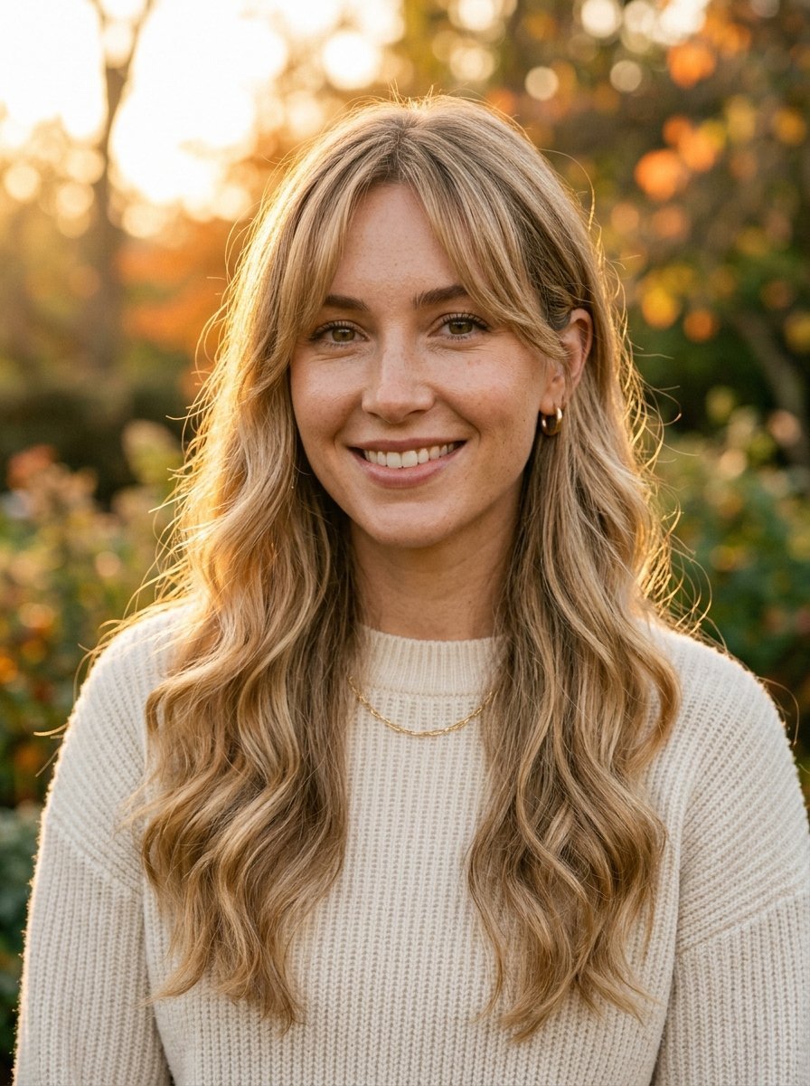 Close-up portrait of a blonde woman in a cream sweater standing outdoors during golden hour.