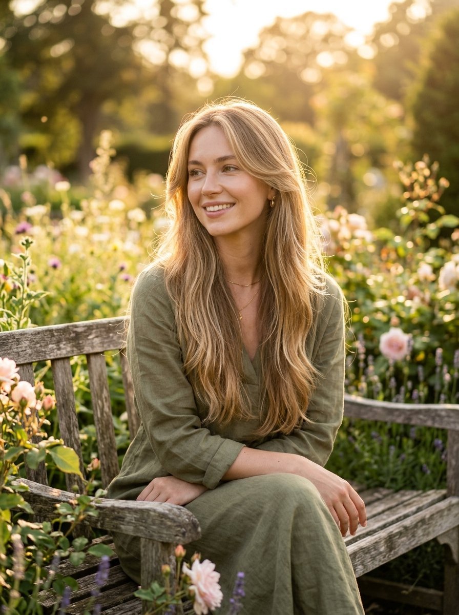 A smiling woman in an olive linen dress sits on a weathered garden bench surrounded by blooming pink roses.