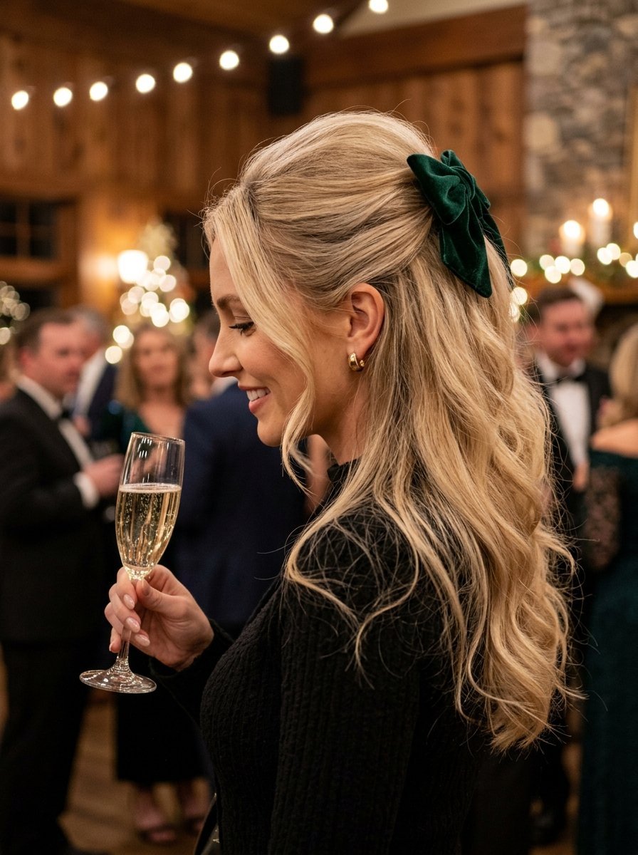 Side profile of a woman holding a champagne flute at a party with a dark green hair accessory in her styled hair.
