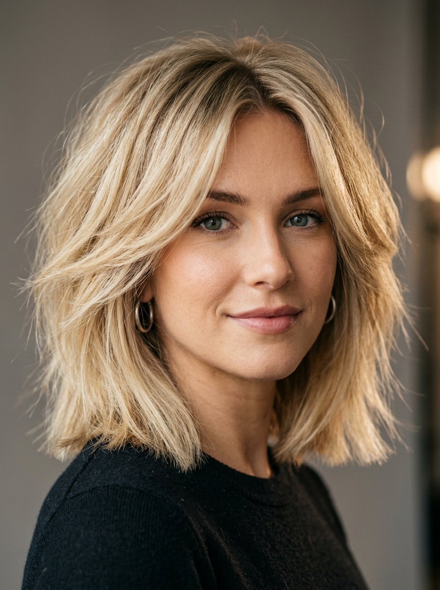Close-up of a blonde woman with shoulder-length shaggy hair and soft curtain bangs, wearing a dark sweater.