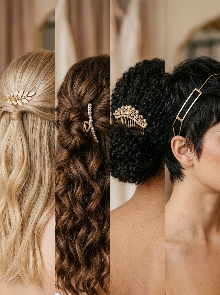 Close up collage showing four women wearing bridal hair clips, a pearl claw, a decorative comb, and a gold headband.