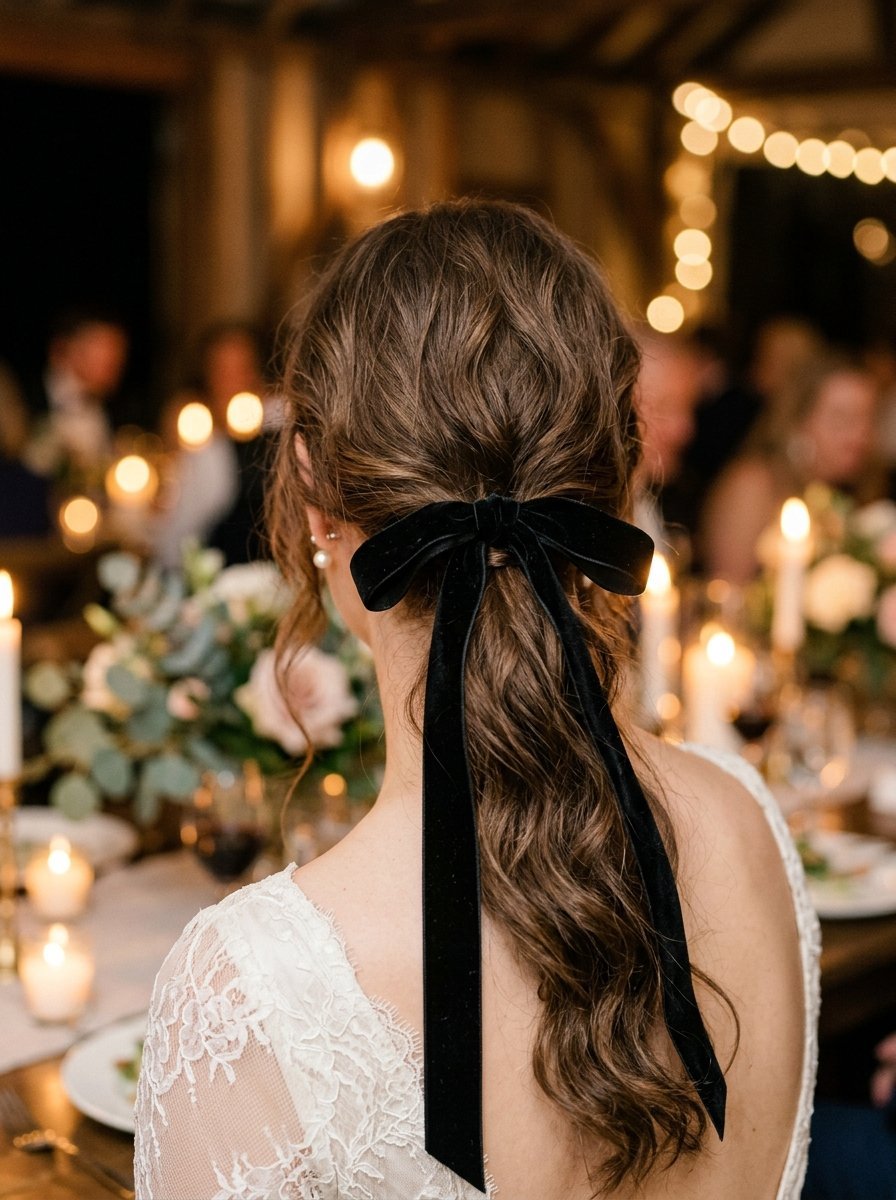 Back view of a woman with brown hair in a low ponytail secured with a wide black velvet ribbon at a dinner reception.