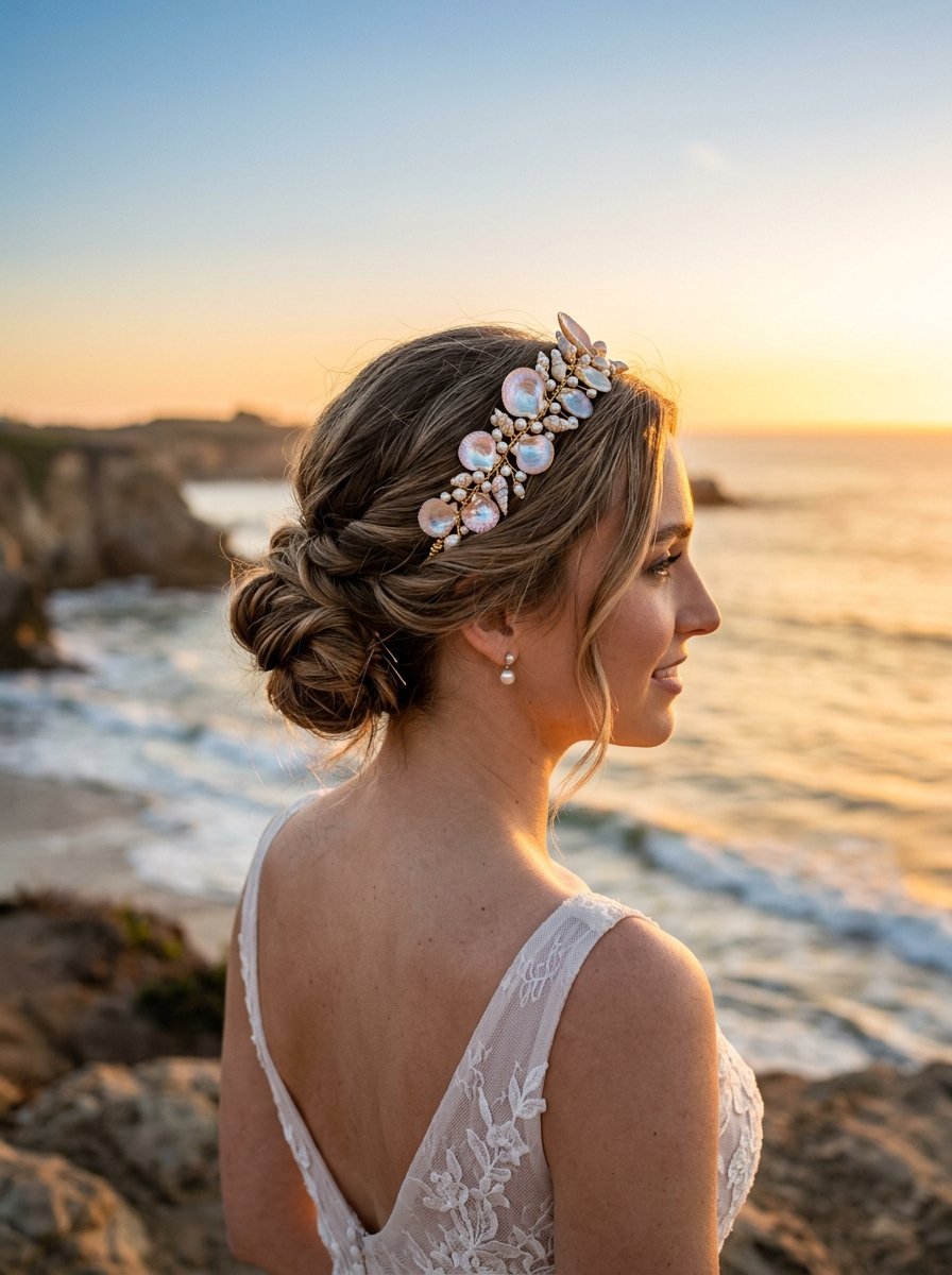 A bride in a lace wedding dress with a shell and pearl crown looking out over a sunset ocean view.