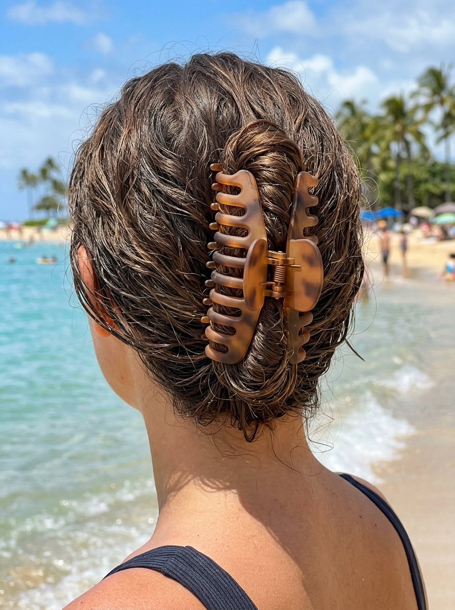 Close up view of brown patterned hair clip holding wet hair at the beach with ocean and palm trees in background.