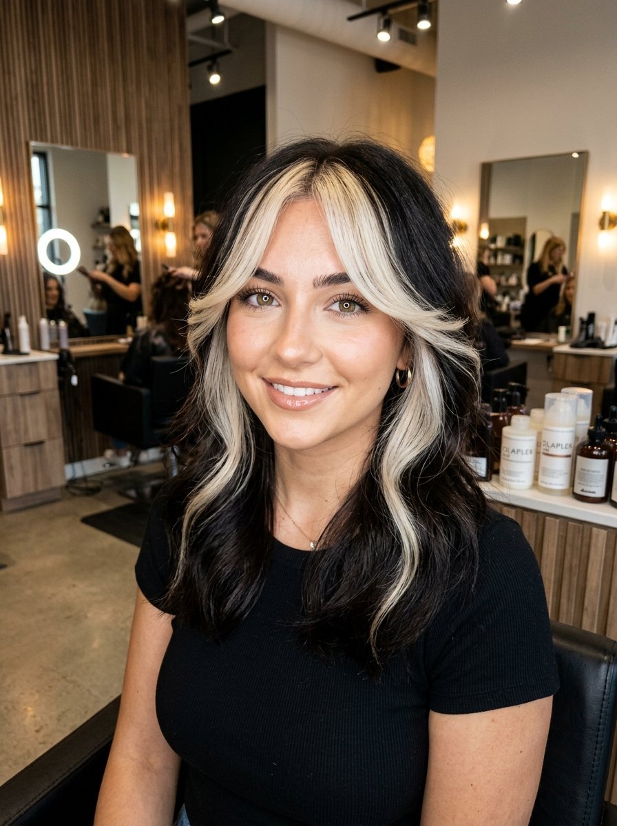 Portrait of a woman with dark wavy hair and bright blonde face-framing highlights in a salon setting.