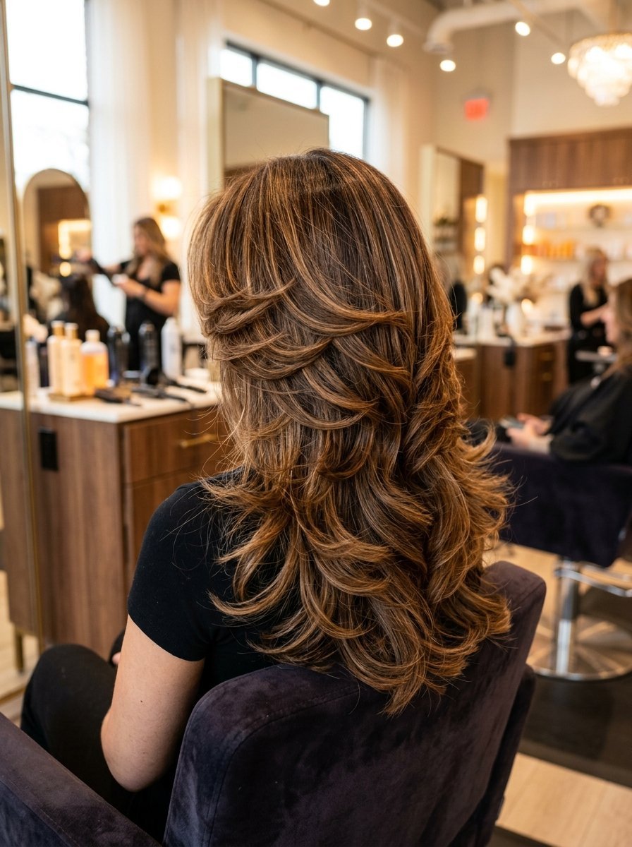 A client with medium-length highlighted brown hair and soft layers in a professional hair salon setting.