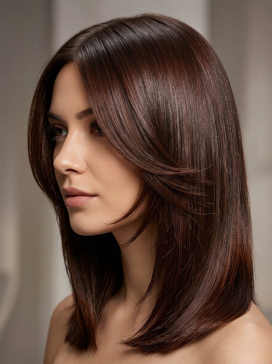 Profile view of a young woman showing a smooth, glossy dark brown hairstyle with face-framing layers.