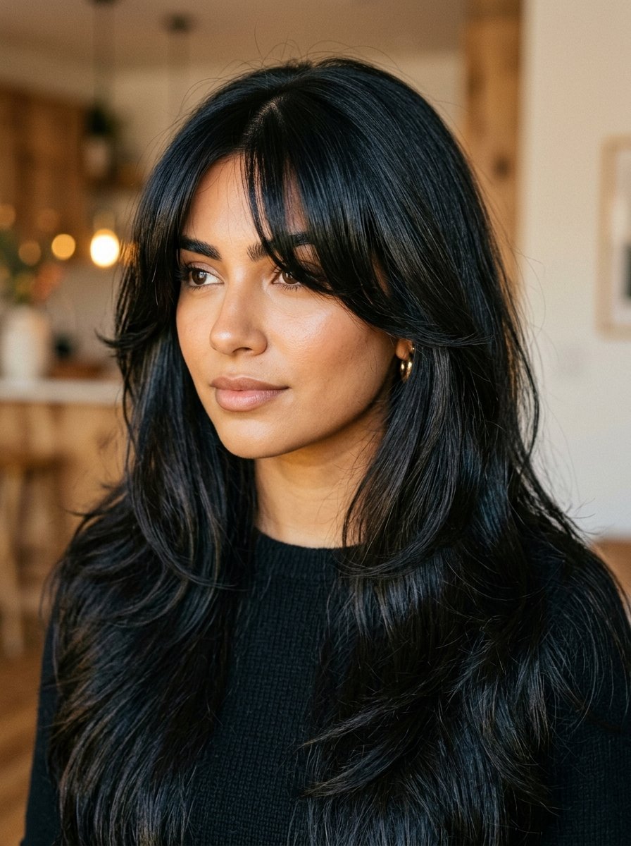 Portrait of a woman with long black layered hair and face-framing curtain bangs wearing a black sweater.