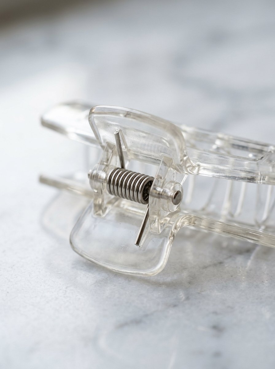Clear plastic hair claw accessory resting on a white marble surface