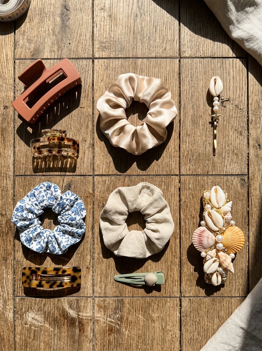 A flatlay display of various hair accessories including fabric scrunchies, shell clips, and geometric hair pins.