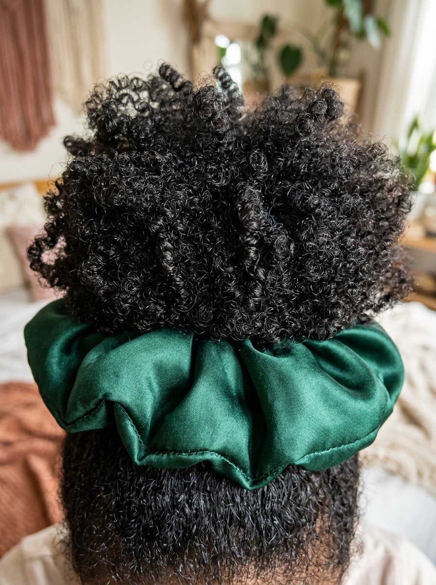 Close-up back view of a person with tight dark curls secured in a high bun with a shiny dark green satin hair tie.