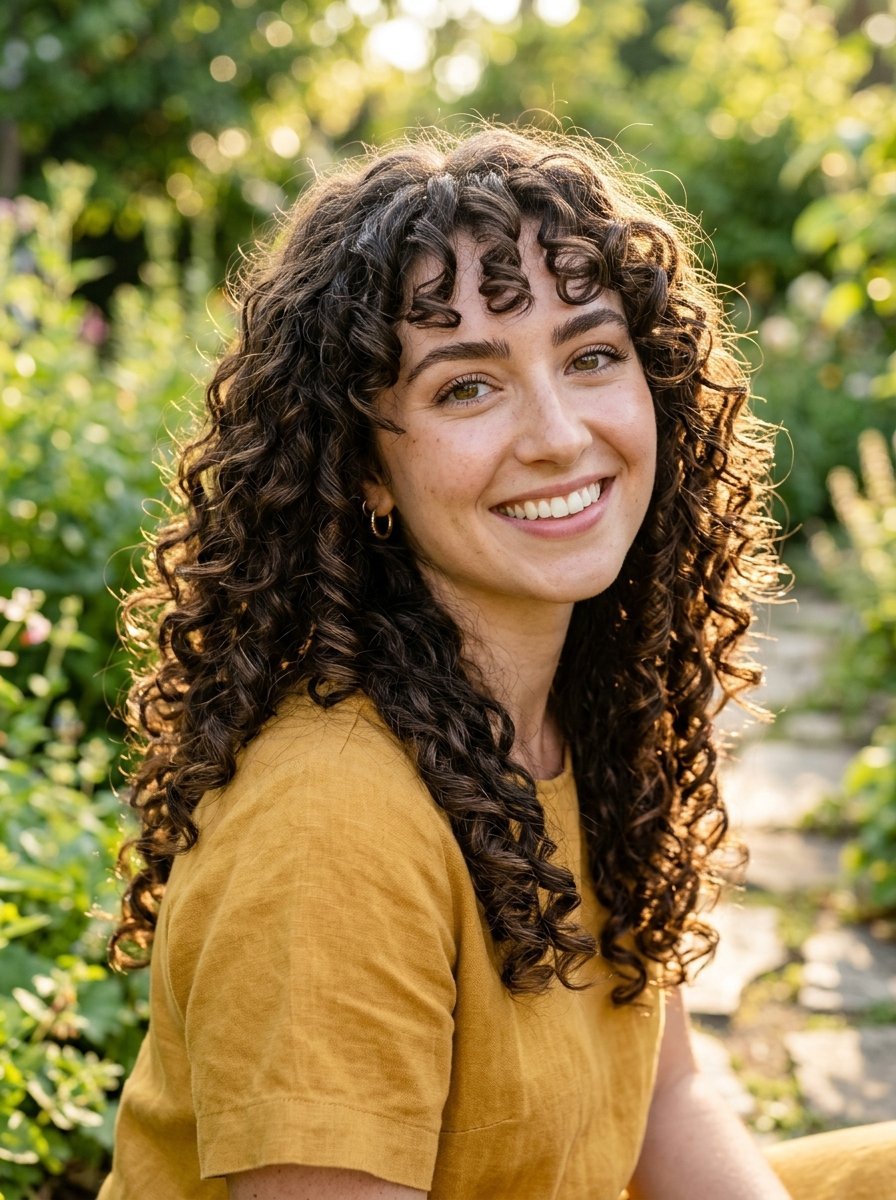 Portrait of a woman with curly brown hair and bangs wearing a yellow shirt outdoors in sunlight.