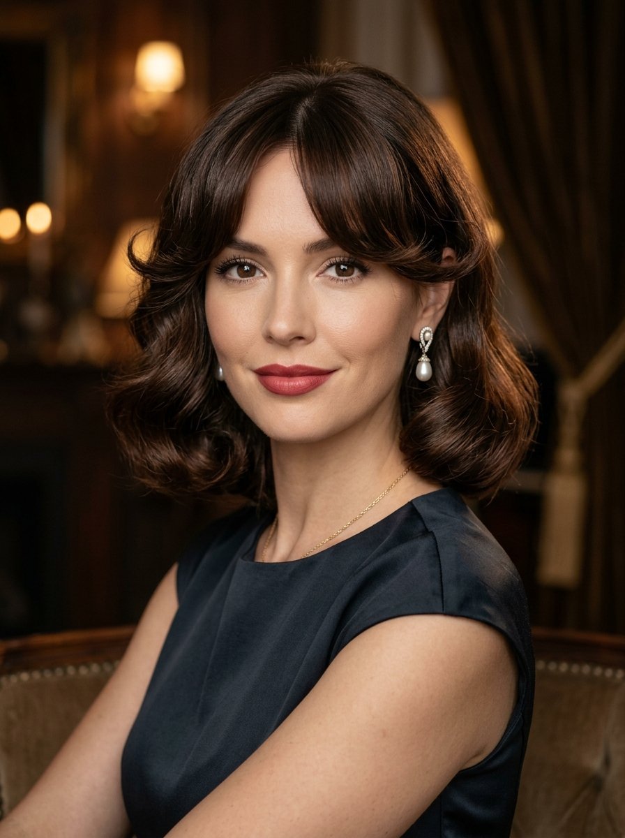 Close-up portrait of a brunette woman with wavy hair, wearing a dark sleeveless top and dangling pearl jewelry.