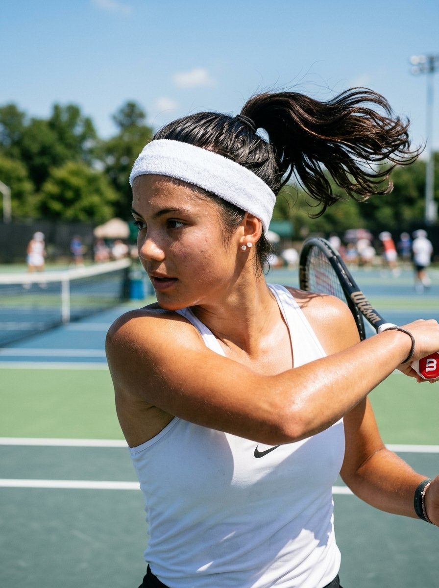 Young woman in a white tank top and headband playing a forehand stroke during a tennis match outdoors.