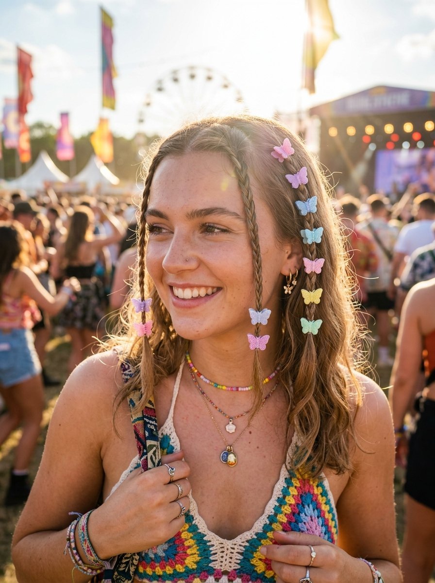 Portrait of a woman with braided hair and pastel butterfly accessories at an outdoor music event.