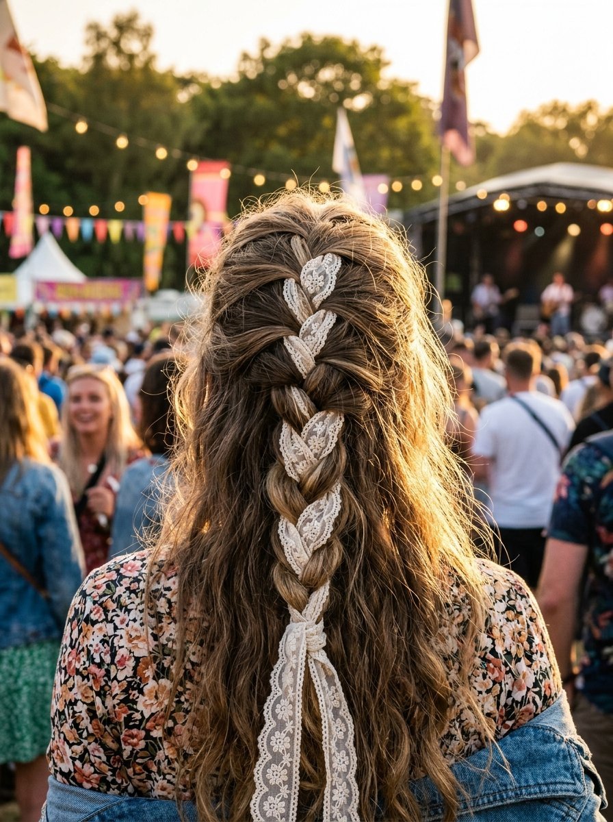 Close up rear view of a woman with long wavy hair styled in a center braid woven with white floral lace ribbon.