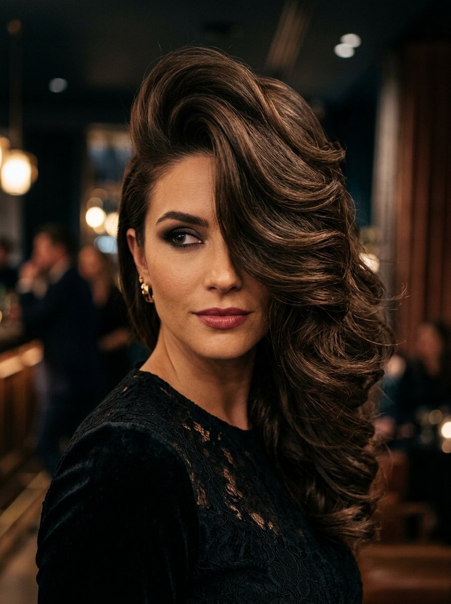 Portrait of a woman with large, side-swept brunette curls and sophisticated makeup wearing a black lace dress.