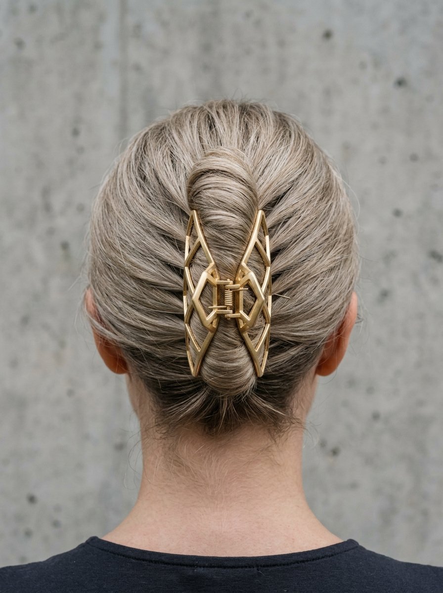 Close up rear view of a woman wearing an intricate metallic gold hair claw clip in her blonde hair.