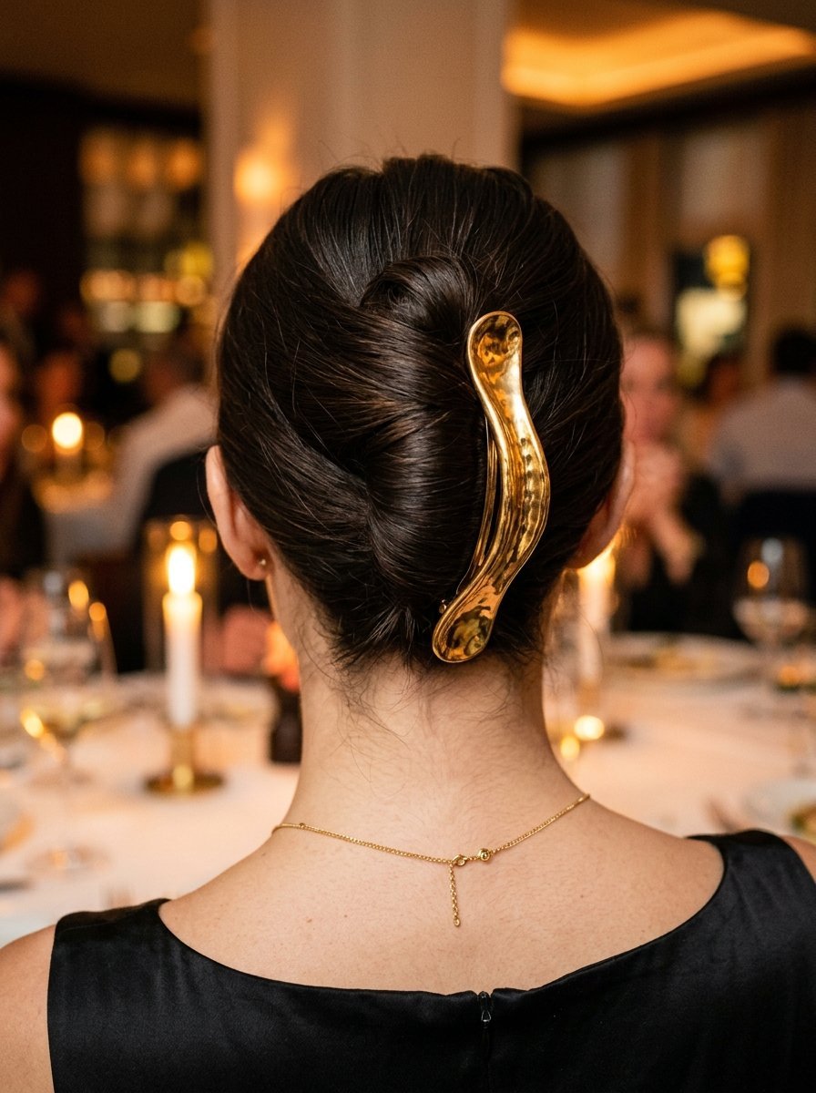 Close-up back view of a woman with a dark hair updo secured by a curved gold metal clip.